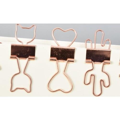 10Pc Paper Cat Clip Fashion Gold Rose Gold Color Binder Clip Hollow Out Heart Cactus Shape Metal Binder Clips Tickets Paper Clip