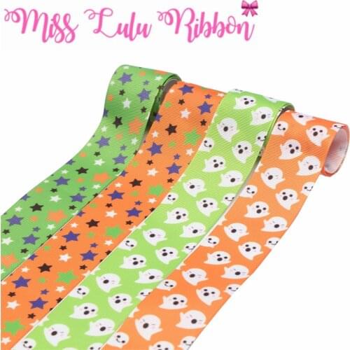 16mm-75mm Halloween Series Coloful Star Ghost Printed Grosgrain/Foe Ribbon DIY Hair Bowknot Gift Pack Party Decor 50yards/roll