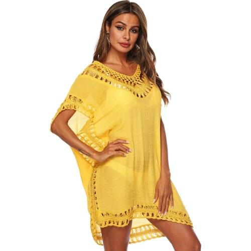 2021 Chiffon hollow out Beach Wear Women Swimsuit Cover Up Swimwear Bathing Suits Summer Mini Dress Loose Solid Cover Ups