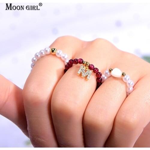 3Pcs/Lot Natural Stone Womens Rings Custom Initial Name Fashion Stretchy Simulated Pearl Adjustable Stackable Girls Party Ring