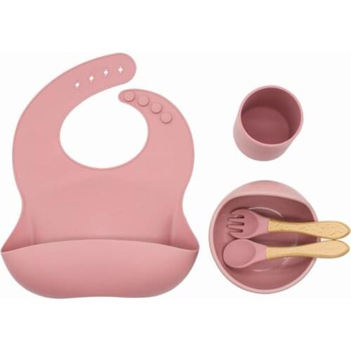 5 Pcs Baby Silicone Bib Cup Suction Bowl Spoon Fork Training Feeding Food Plate
