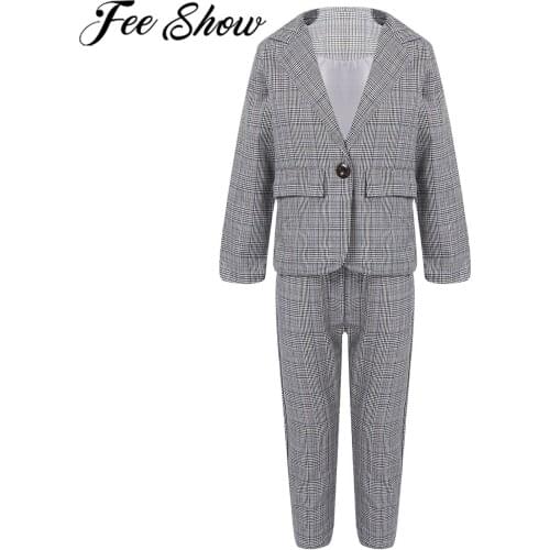 Fashion Kids Suit for Girls Wedding Formal Suits for Teenagers Plaid Blazer +Pants Trousers 2PCS Childrens Sets Blazer Jackets