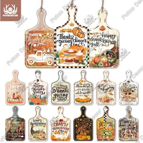 Putuo Decor Thanksgiving Day Small Cutting Board Wood Sign Rustic Plate Pumpkin Hanging Signs Home Living Room Wall Decoration