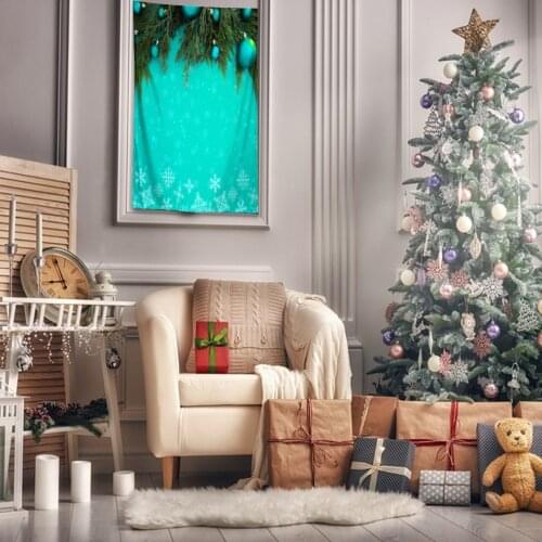 Tapestry Decorating Baubles Fir Tree Branches Snowflakes Merry Christmas Theme Green Blue White
