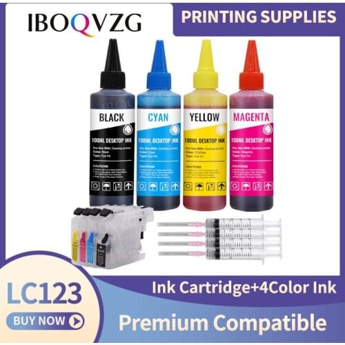 IBOQVZG 4×100ml Printer Ink + LC123 XL Refillable Ink Cartridges For Brother LC 123 121 125 127 129 DCP-J4110DW J132W J152W