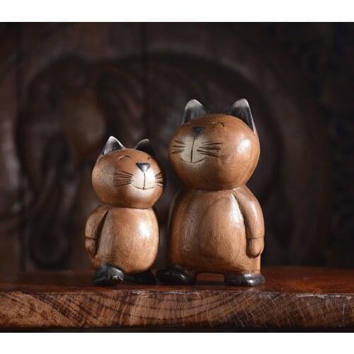 Woodcarving Cat Decor Solid Wood Kitten Wood Carving Home Decoration Desktop Cute Kitten Ornaments