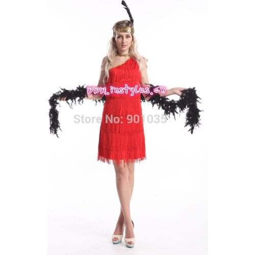 FREE SHIPPING Charleston Black Red Flapper Fancy Dress Costume Feather Boa Headband S,M,L,XL,2XL