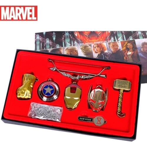 The Avengers Cartoon Weapons Necklace Keychains Mask Badge Bow And Arrow Fist Shield Thor Hammer Metal Collectible Keyring Toys