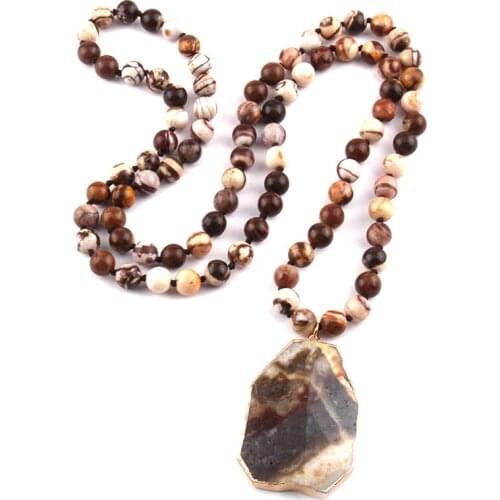 Fashion 8mm Natural Zebra Knotted Stones with Stone Square Pendant Handmade Necklace Women Jewelry