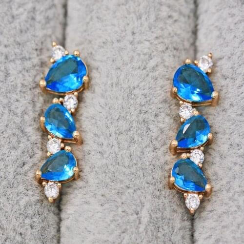 Trendy Gold Copper Plated Heart Blue Ear Clip Earrings Zirconia For Women Girls Fashion Jewelry Accessories Wedding Party Gift