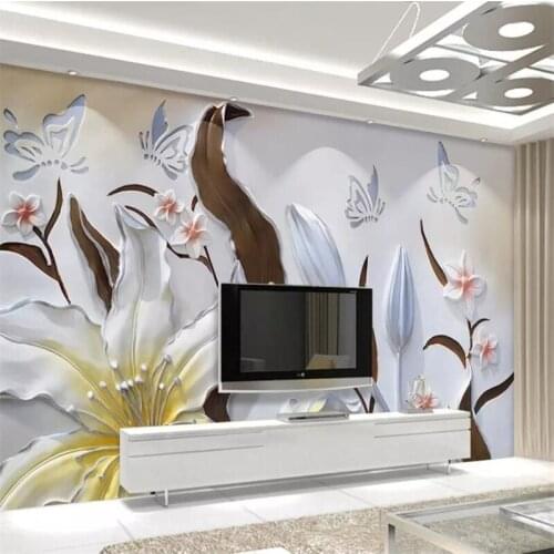 Beibehang Custom wallpaper 3d mural papier peint embossed lily butterfly love flower 3d living room bedroom background wallpaper
