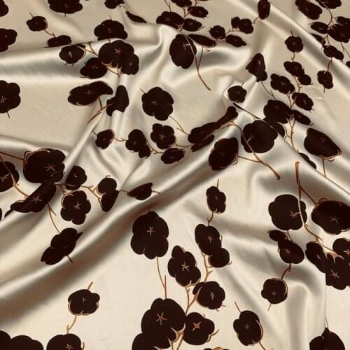 140CM Wide 19MM Black Floral Print Stretch Champagne Color Silk Satin Fabric for Summer Dress Shirt Scarf G029