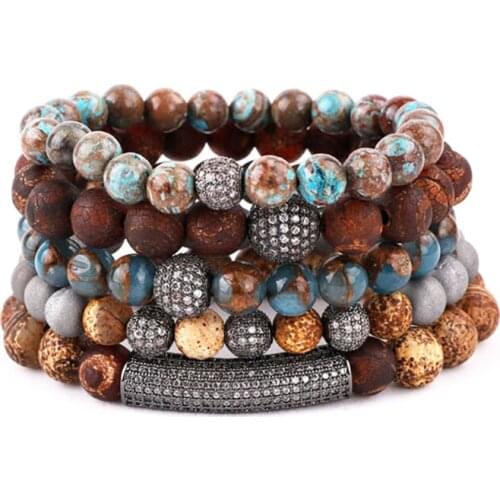 Unique Design Women Bracelet Set Female Natural Stone CZ Pave Charm Beaded Elastic Vintage Bracelet Women Gift