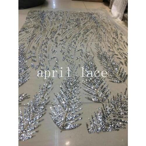 Stock 5 yards new bzh024 # silver mix gold plant glued glitter mesh tulle lace fabric for sawing bridal wedding dress