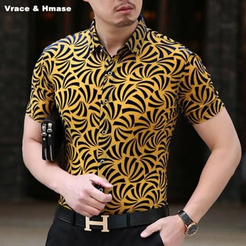 High-quality gold velvet hollow breathable boutique short sleeve shirt Summer 2018 New silk soft and comfortable shirt men M-3XL