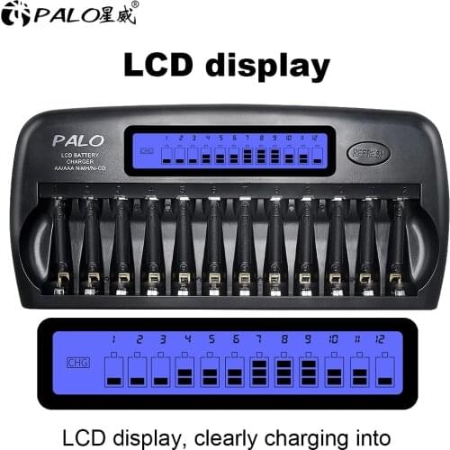 PALO 12 slot AA battery charger discharge smart LCD charger for 1.2V NIMH nicd aa aaa rechargeable battery quick charge
