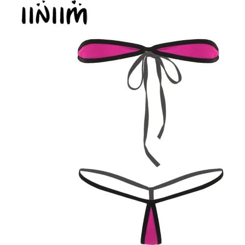 Womens Adult Sexy Summer Swimsuit Minimal Cover Micro Bikini Lingerie Set Strapless Tie-on Bra Top with Thong G-String Briefs