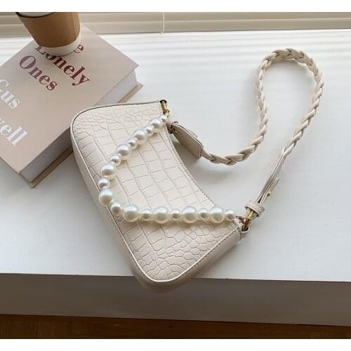 Stone Pattern Pearl Design PU Leather Shoulder Underarm Crossbody Bag for Women 2021 Summer Weave Belt Handbags and Purses