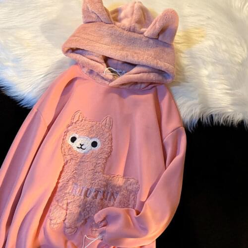 Patchwork Cartoon Sheep Embroidery Hoodies Women Kawaii Clothes for Teens 2021 Autumn Winter New Korean Fashion Sweatshirt Tops