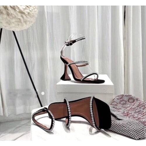 One Word Buckle Open Toe Rhinestone Chain Sandals Women 2021 New Leather Solid Color Back Strap Stiletto High Heel Roman Sandals