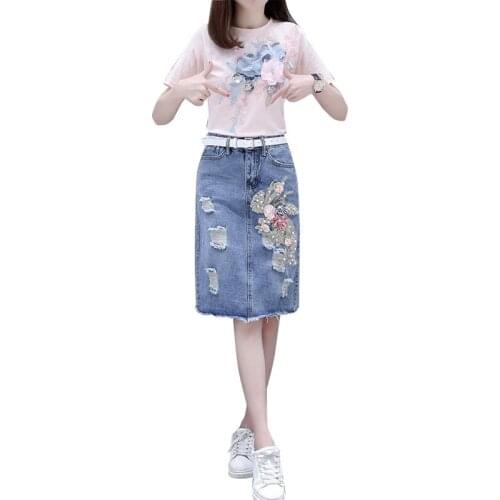 Single Piece/Suit Women 2021 New Hand-Beaded Three-Dimensional Flower Denim Skirt Female Fashion Two-Piece Hole Skirt Ladies 556