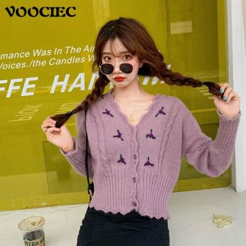 VOOCIEC Autumn Korean Womens Knitted Sweater Short Cardigan Women Sweet V-Neck Vintage Long Sleeve Elegant Light Cardigan