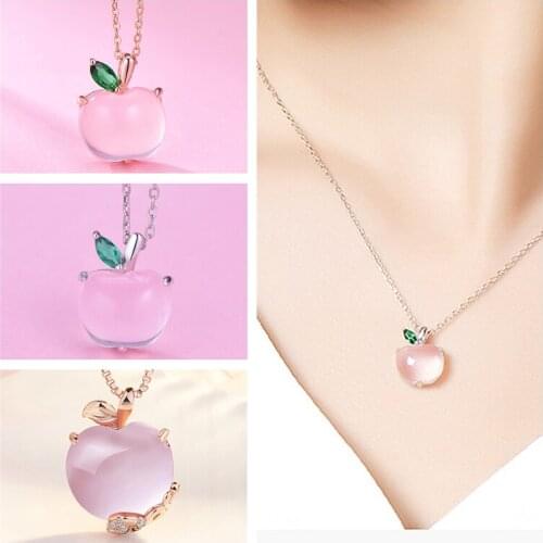 Top Quality Sterling Silver 925 Necklace For Women Jewelry Cute Crystal Pink Apple Pendant Girl Clavicle Chain On Neck Rose Gold