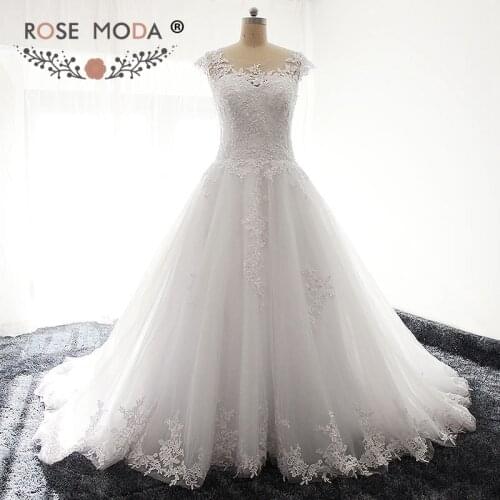 Rose Moda Sheer Bateau Neck Short Cap Sleeves Princess Lace A Line Wedding Dress Illusion Back Plus Size Wedding Dresses