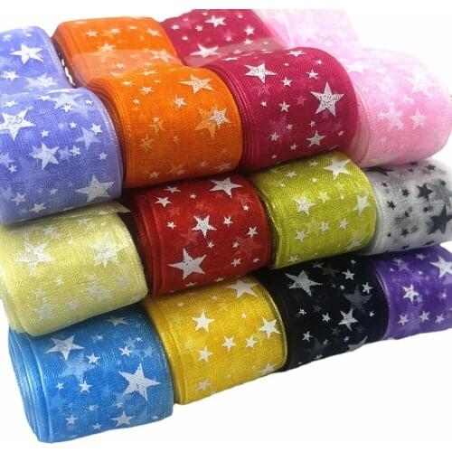 Christmas 10Yard/lot Bling Star Printed Organza Ribbon For DIY Christmas New Year Decoration Gift Wrapping Sewing Craft