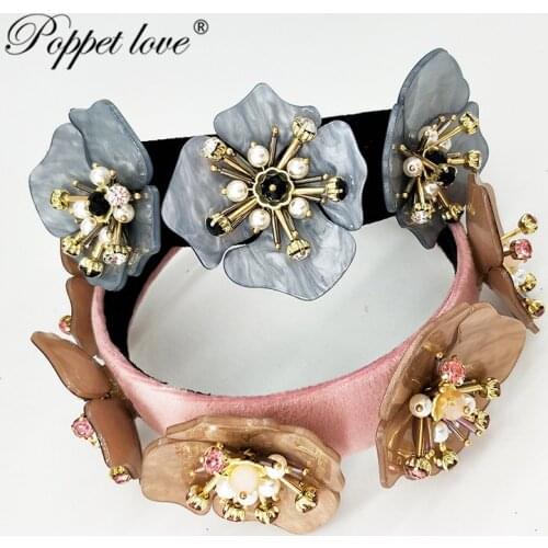2019New Designer Big Resin flower Headbands with Prints Fashionable Zipper Boutique gray Hair Hoop Hair Accessories For Women