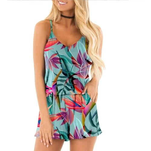 2021 Summer Fashion Flower Print Jumpsuit Women Sexy Sleeveless Sport Casual Slim Beach Boho Rompers Playsuits Female Playsuit