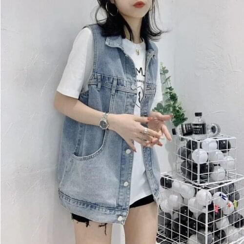 2021 Spring Summer Denim Waistcoat Vest Women Long Sleeveless Jackets Female Vintage Jeans Coat Plus size Loose Cowboy Vest Coat