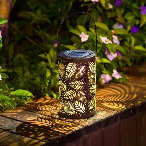 Solar Powered Hollow out Metal Leaf Pattern Lights Garden Hanging Lantern LED Lamp Patio Garden Outdoor Decoration