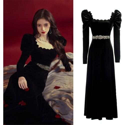 Kpop IU Lee Ji Eun Long Sleeve Velvet Dress Temperament High Waist Plus Size Dress Fashion Women New Sexy Pleated Party Dresses