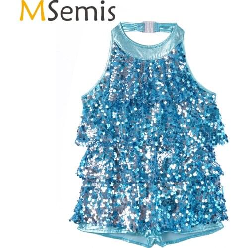Kid Girls Jazz Dance Costume Halter Shiny Jazz Sequins Costume Shorty Unitard Dress Modern Ballet Latin Jazz Costume Rave Outfit
