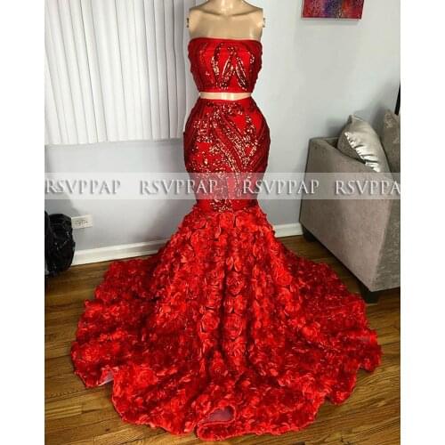 Long Red Prom Dresses 2020 Sexy Mermaid Style Two Piece Sequin African Black Girls Prom Gala Dress