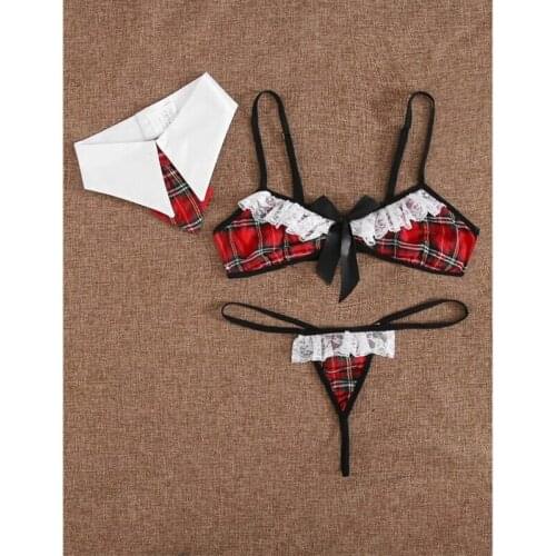 Women Sexy Red Plaid Lingerie Set White Lace Trim Bra Thong Halter Uniform Set Ladies Cosplay Underwear Set lencería sexy