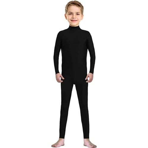 SPEERISE Girls Black Long Sleeve Unitard Boys Bodysuit Spandex Full Body Tight Jumpsuit Scoop Neck Dance Costumes Unitards