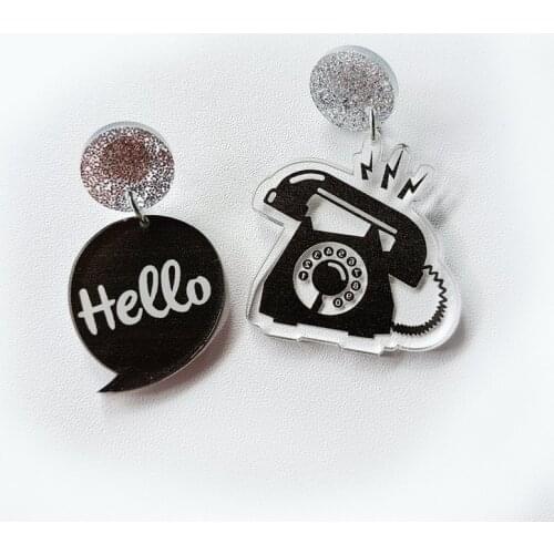 Creative Hello Telephone Drop Earrings For Women Cute Asymmetric Black Phone Dangle Earrings Gift