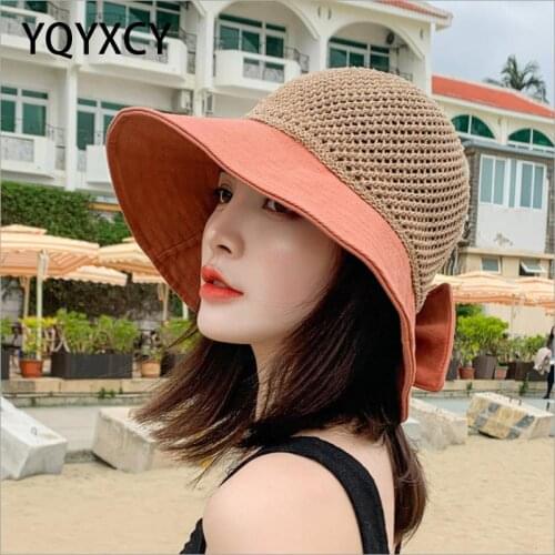 Summer Hats For Women Knitted Breathable Foldable Sun Hat With Bow Sun Protection Sunshade Korean Beach Hat Cap Travel New