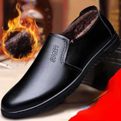 Mens Autumn and Winter Plus Cotton Casual Leather Shoes Wear-resistant Soft Leather Non-slip Warm Shoes Without Straps