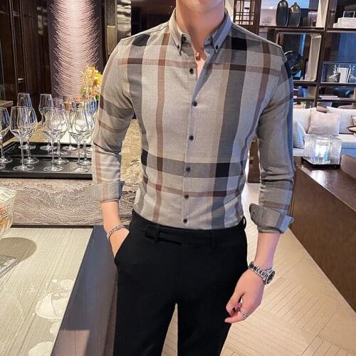 2021 mens Long Sleeve Plaid shirt, business casual wear, tight fitting, office and social use
