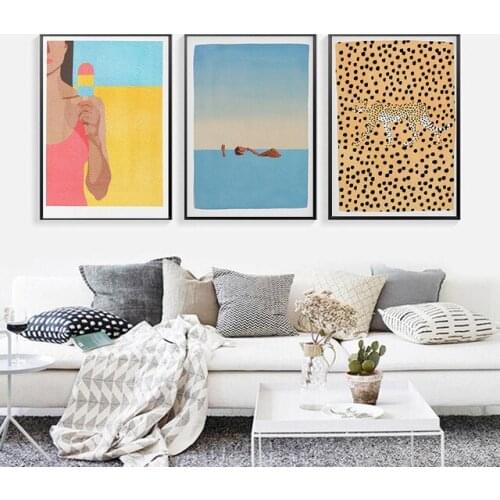 Nordic Leopard Posters and Prints Ice Cream Lady Wall Art Canvas Painting Backstroke Pictures for Living Room Home Decoration