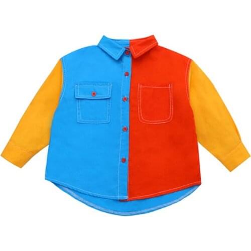 Fashion Baby Girls boys Color matching Shirt Long Sleeve Loose Toddler Children Kids Clothes Lapel color top
