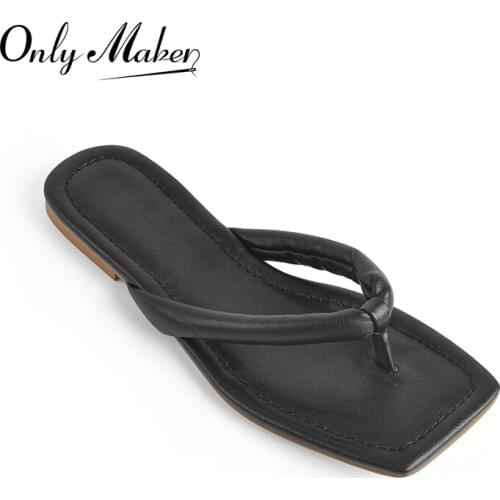 Onlymaker Summer Women Square Toe Flats Sandals Matte Black Slip-On Flip Flops Slippers Comfortable Large Size Casual Beach
