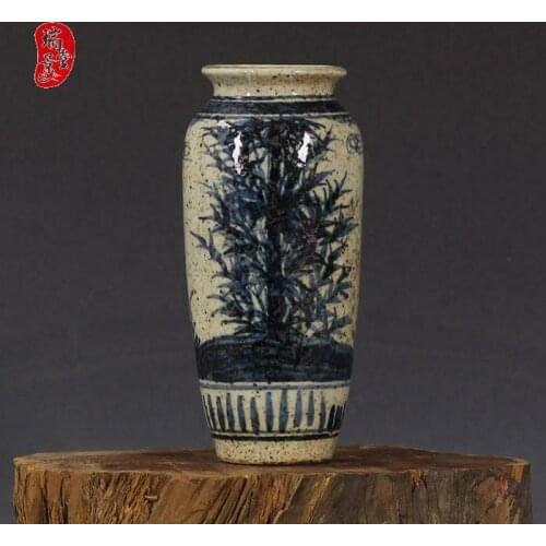 Blue and white Porcelain yuan Dynasty marked handpainted bamboo wax vase 6.5"