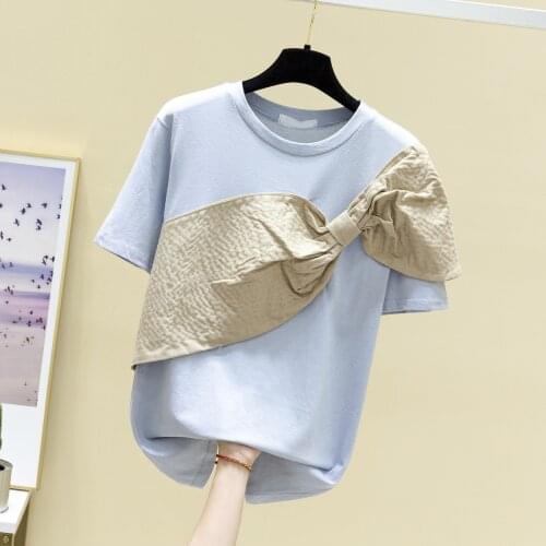 Contrast Stitching Stereo Bow Cotton Short Sleeve T-shirt Female Summer Top Loose Shirt Ladys T Shirts Blue Tees Tops