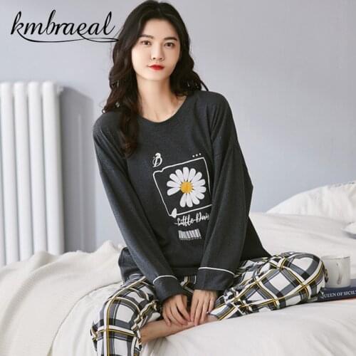 Pajamas for Women Cotton Autumn Little Daisy Grid Pajama Long-Sleeved Trousers 2 Piece Homewear Casual Winter Plus Size M-3xl
