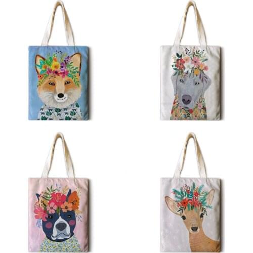 Cartoon flower animal lady leisure one-shoulder shopping bag cotton and linen printing eco-friendly bag large capacity tote bag