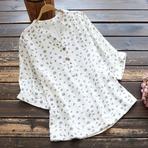 Summer Cotton Floral Printing Loose Shirt Women Clothing Casual Sweet Stand Collar Batwing Sleeved Female Tops U680